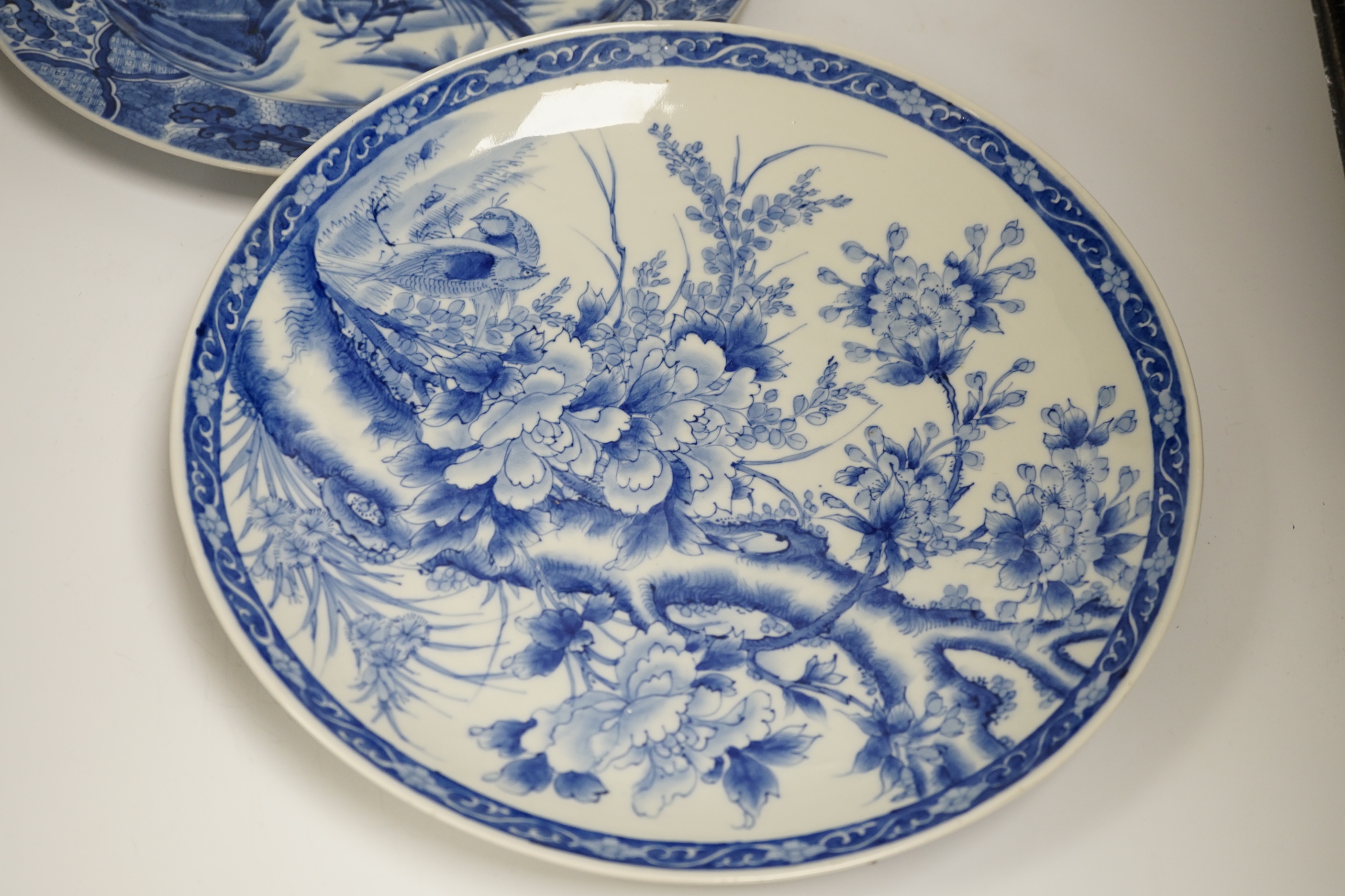 Two Japanese blue and white chargers, Meiji period, 35cm